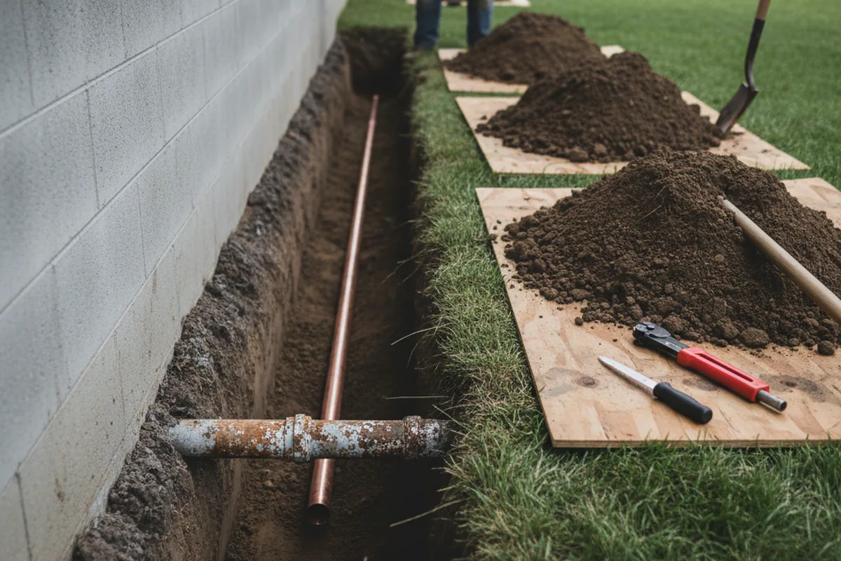 Excavated water line trench during Water Heater Repair in Fate